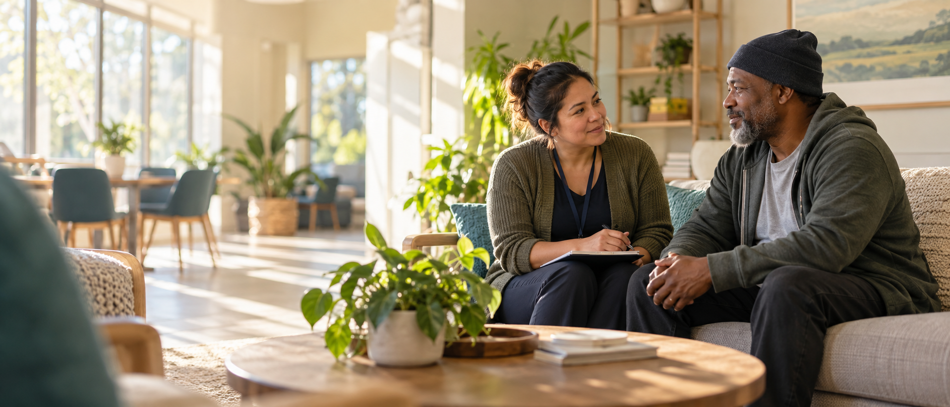 Care coordinator discussing recovery plan with a client